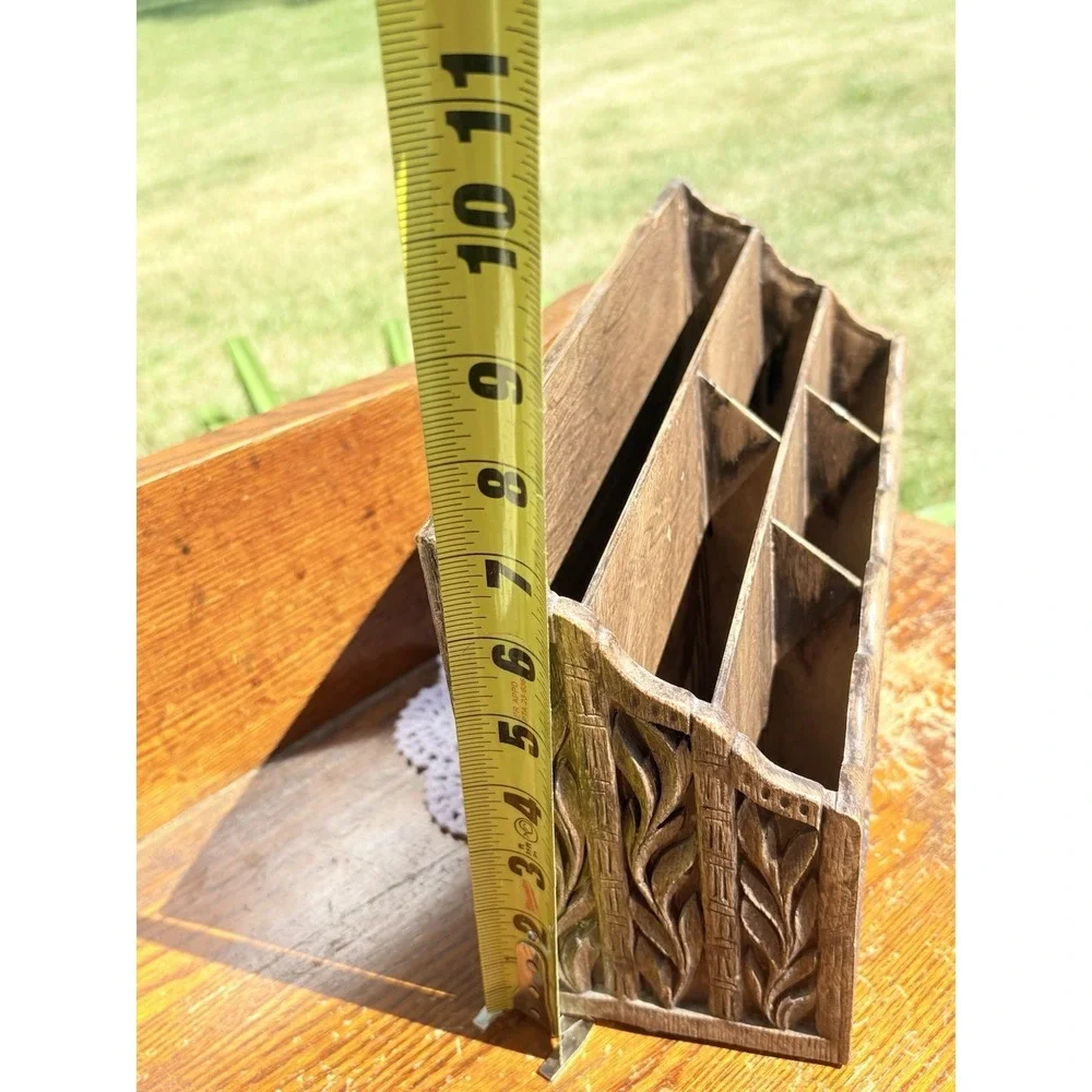 Vintage Lerner Desk Organizer Sorter Caddy Faux Carved Wood Mail Bills Utensils